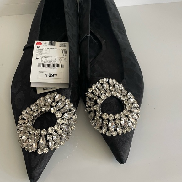 Zara New Black & Rhinestone Cloth Flats Size 39 Design on material. - Picture 5 of 5